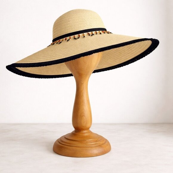 Wide Brim Straw Sun Hat Floppy Black Fringe Teardrop Beaded Band Resort Fashion main image 11